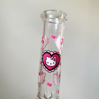 10 inch beaker bong with girly decals of hello kitty and red hearts and pink bows and flowers bliss shop chicago