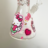 10 inch beaker bong with girly decals of hello kitty and red hearts and pink bows and flowers bliss shop chicago