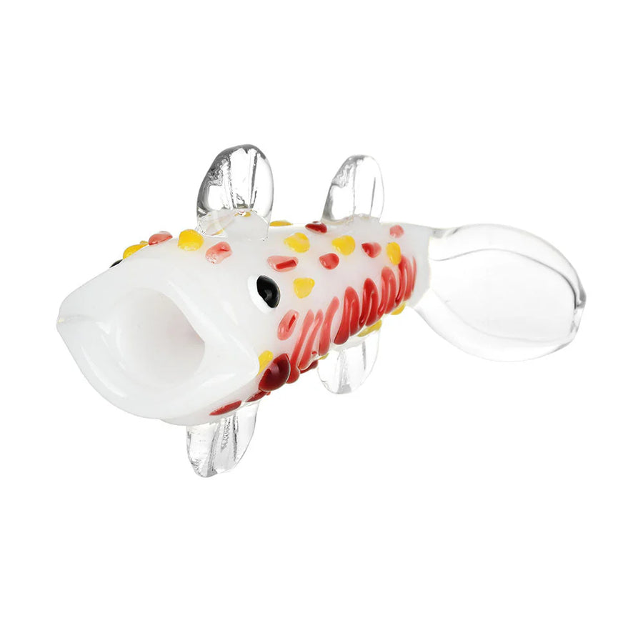 4.25" white hand pipe in koi fish shape with wide mouth bowl and red and yellow designs bliss shop chicago