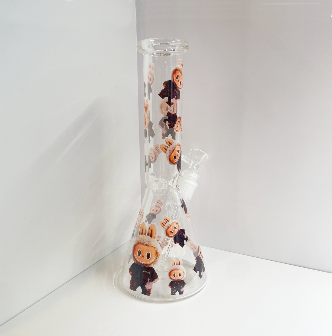 10 inch beaker bong with dark brown labubu decals all over bliss shop