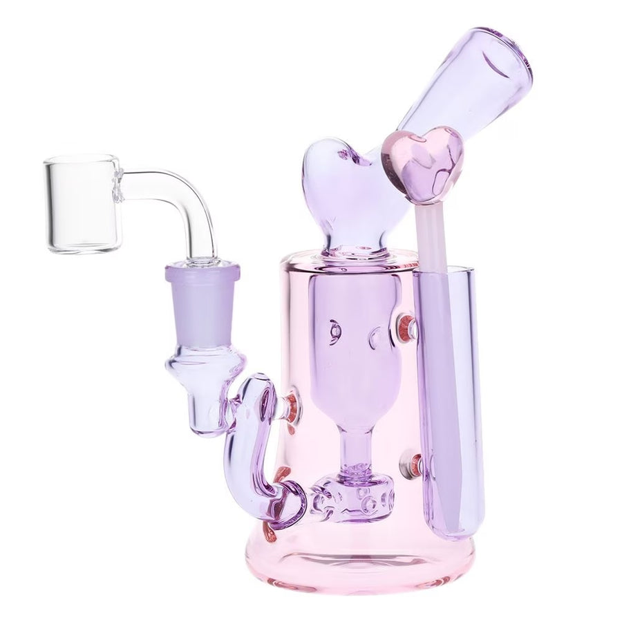 6.25" inch valentine design purple and pink boro glass rig with internal recycler system includes heart dab tool and dab tool insert bliss shop chicago