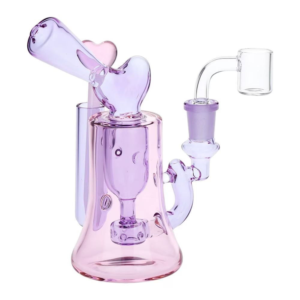 6.25" inch valentine design purple and pink boro glass rig with internal recycler system includes heart dab tool and dab tool insert bliss shop chicago