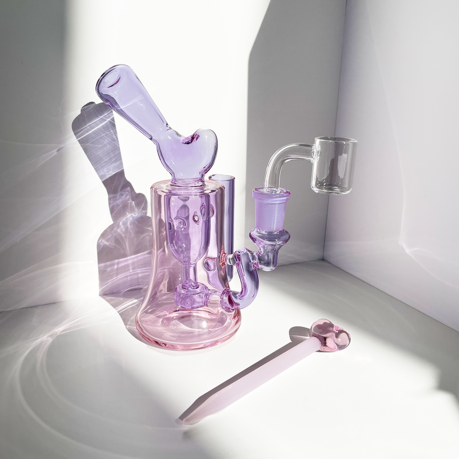 6.25" inch valentine design purple and pink boro glass rig with internal recycler system includes heart dab tool and dab tool insert bliss shop chicago