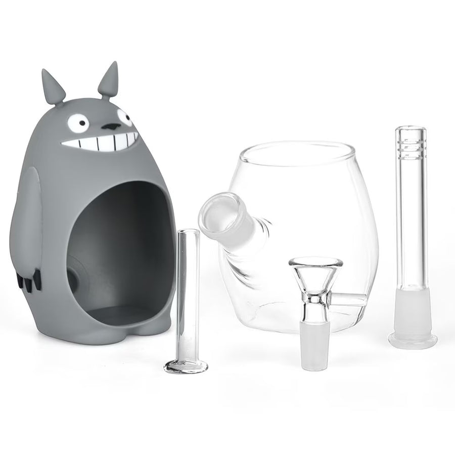 6" purple bong with removable purple silicone sleeve in design of totoro. removable glass slide, downstem and mouthpiece for cleaning bliss shop chicago