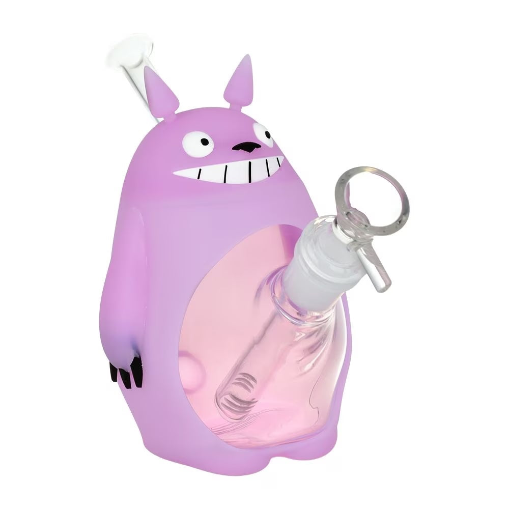 6" purple bong with removable purple silicone sleeve in design of totoro. removable glass slide, downstem and mouthpiece for cleaning bliss shop chicago