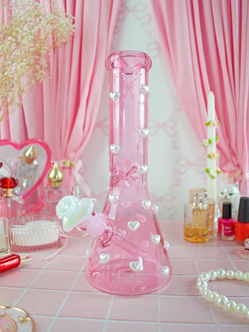 11.5" pink borosilicate beaker bong embellished with 3D pearl hearts bliss shop chicago 