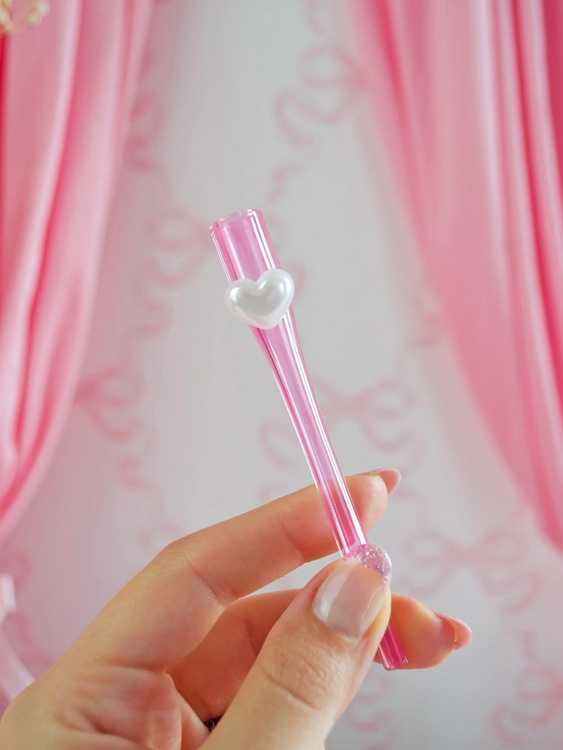 4" pink borosilicate glass joint or cigarette holder with pearl embellishment bliss shop chicago