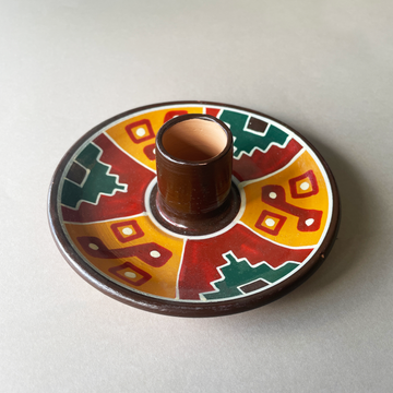 4 inch ceramic dish for palo santo sticks with peruvian geometric design in red orange and green bliss shop chicago