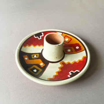 4 inch ceramic dish for palo santo sticks with peruvian geometric design in red orange  brown and ivory bliss shop chicago