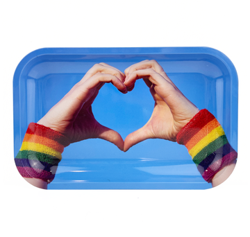 pulsar 11 by 7 inch metal rolling tray with hands making a heart sign and rainbow colored wrist band bliss shop chicago