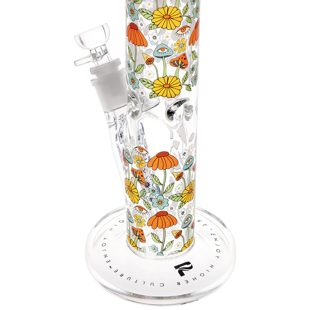 12 inch pulsar straight tube bong with orange yellow teal decals of flowers shooms eyes bliss shop chicago