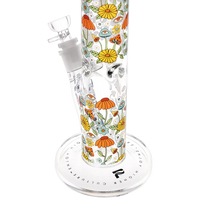 12 inch pulsar straight tube bong with orange yellow teal decals of flowers shooms eyes bliss shop chicago