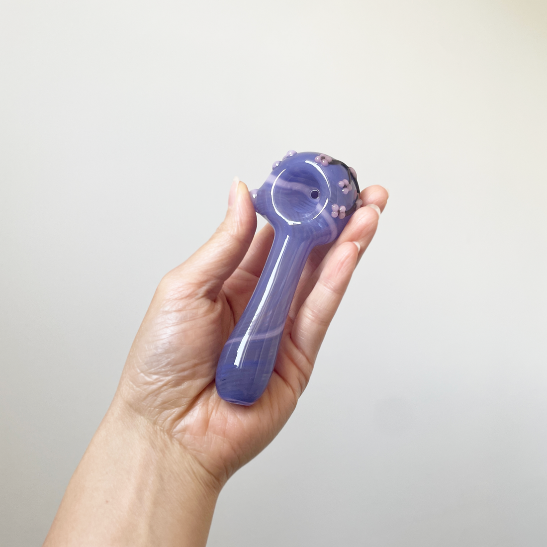 Kristi Conant 4 inch purple glass spoon  hand pipe with cherry blossom detail bliss shop chicago