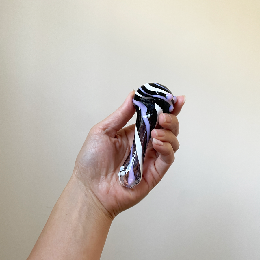 ohio valley glass 4 inch black borosilicate glass spoon pipe with purple and white swirls bliss shop chicago