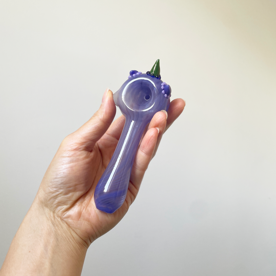 5 inch Kristi Conant purple glass hand spoon pipe with unicorn face and green horn bliss shop chicago