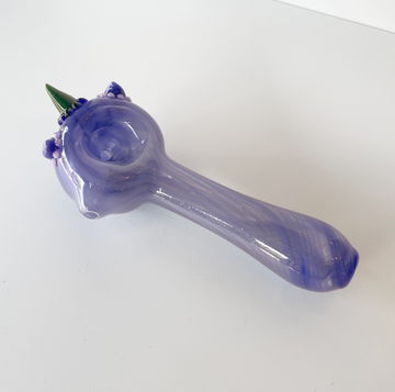 5 inch Kristi Conant purple glass hand spoon pipe with unicorn face and green horn bliss shop chicago