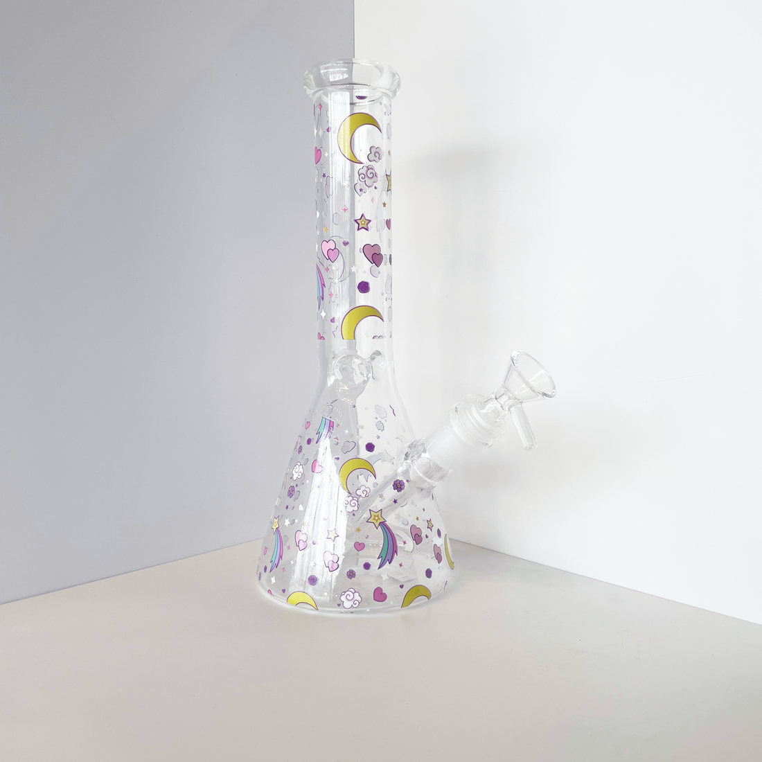 10 inch girly beaker bong with pastel colored decals of moons stars hearts bliss shop chicago