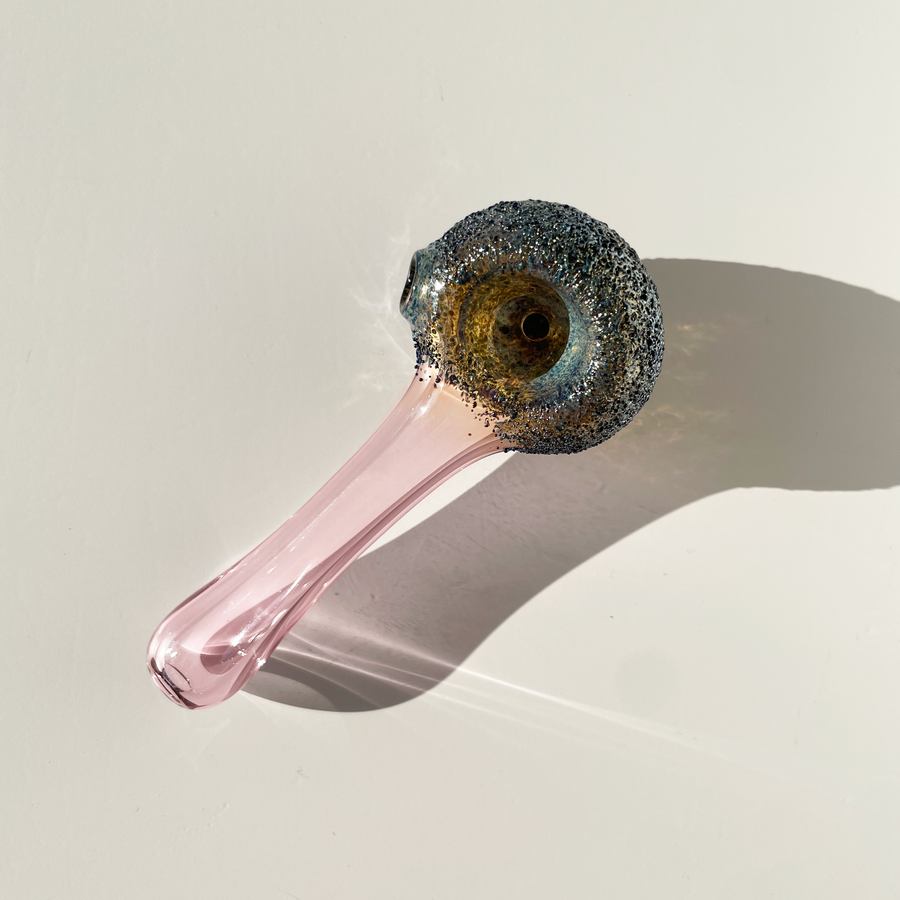 sugarmattys 3.5 inch pink spoon pipe with blue and gold textured "sugar" design bliss shop chicago