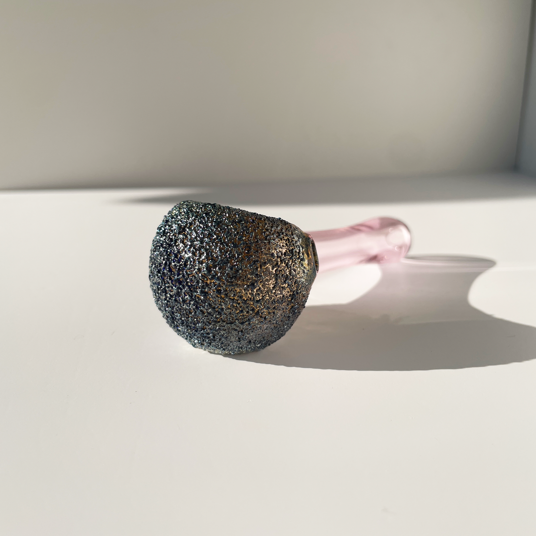 sugarmattys 3.5 inch pink spoon pipe with blue and gold textured "sugar" design bliss shop chicago