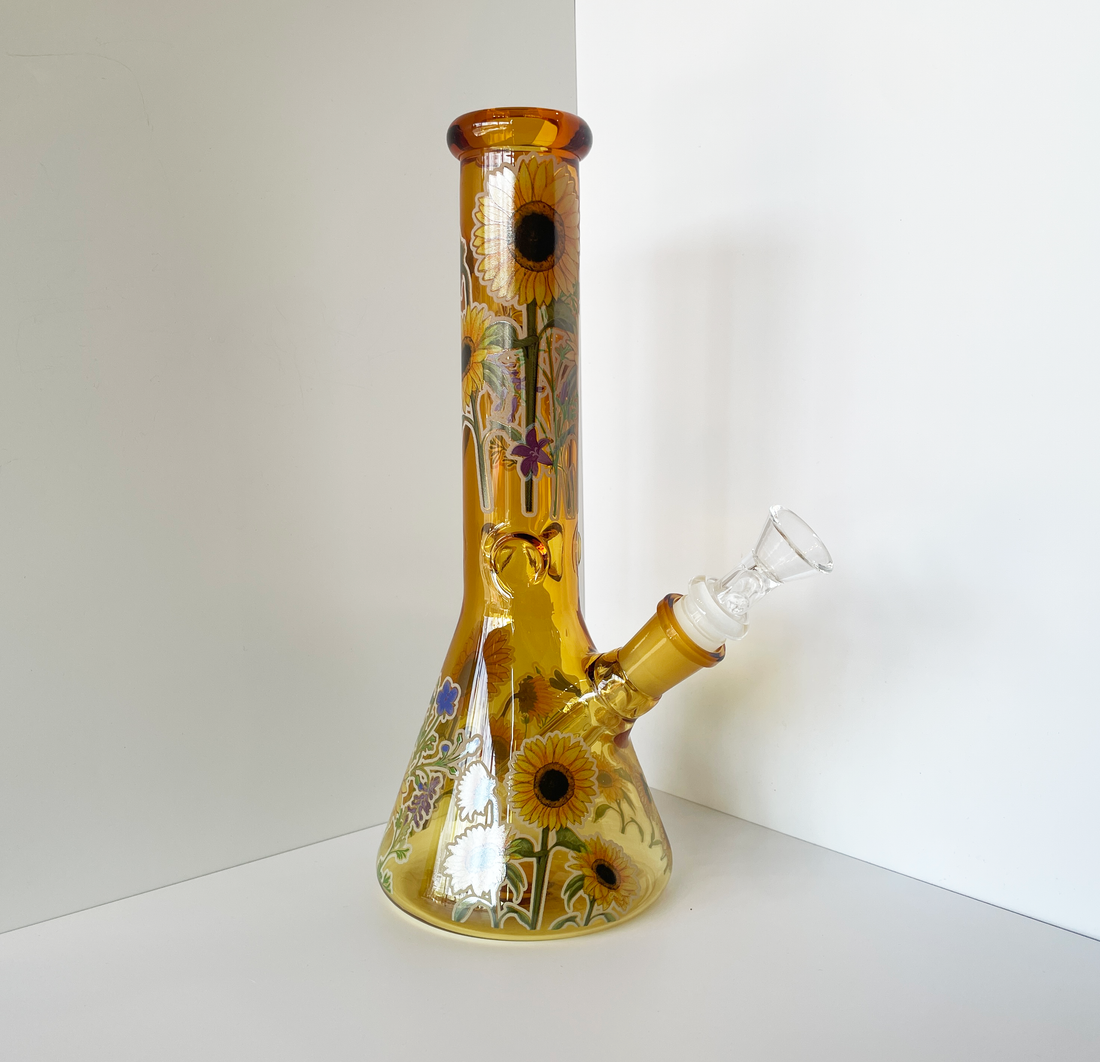 10 inch golden yellow beaker bong with sunflower and wildflower decals bliss shop chicago
