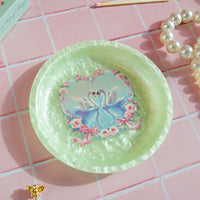 5.5" round acrylic mint green girly rolling tray or trinket dish with 2 swans and pink floral heart wreath design bliss shop chicago