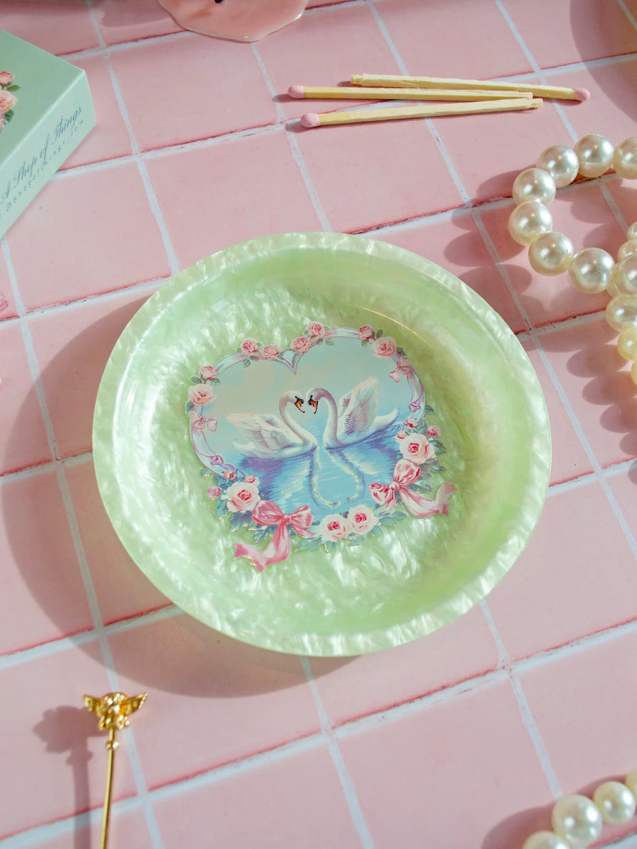 5.5" round acrylic mint green girly rolling tray or trinket dish with 2 swans and pink floral heart wreath design bliss shop chicago