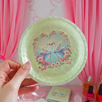 5.5" round acrylic mint green girly rolling tray or trinket dish with 2 swans and pink floral heart wreath design bliss shop chicago