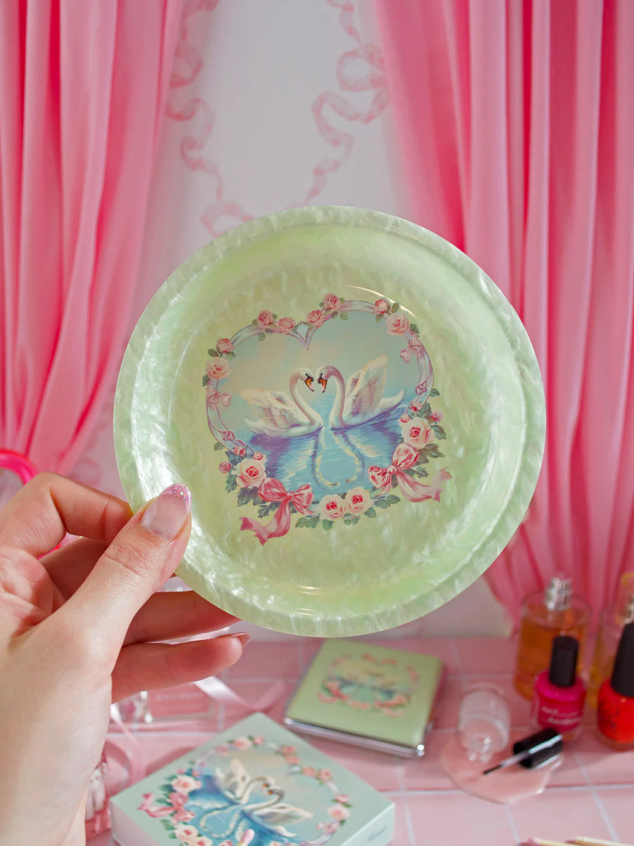 5.5" round acrylic mint green girly rolling tray or trinket dish with 2 swans and pink floral heart wreath design bliss shop chicago