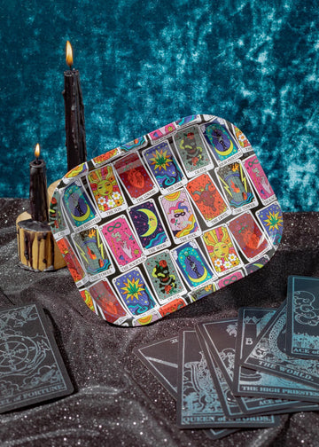 canna style small metal rolling tray with colorful tarot card design bliss shop chicago