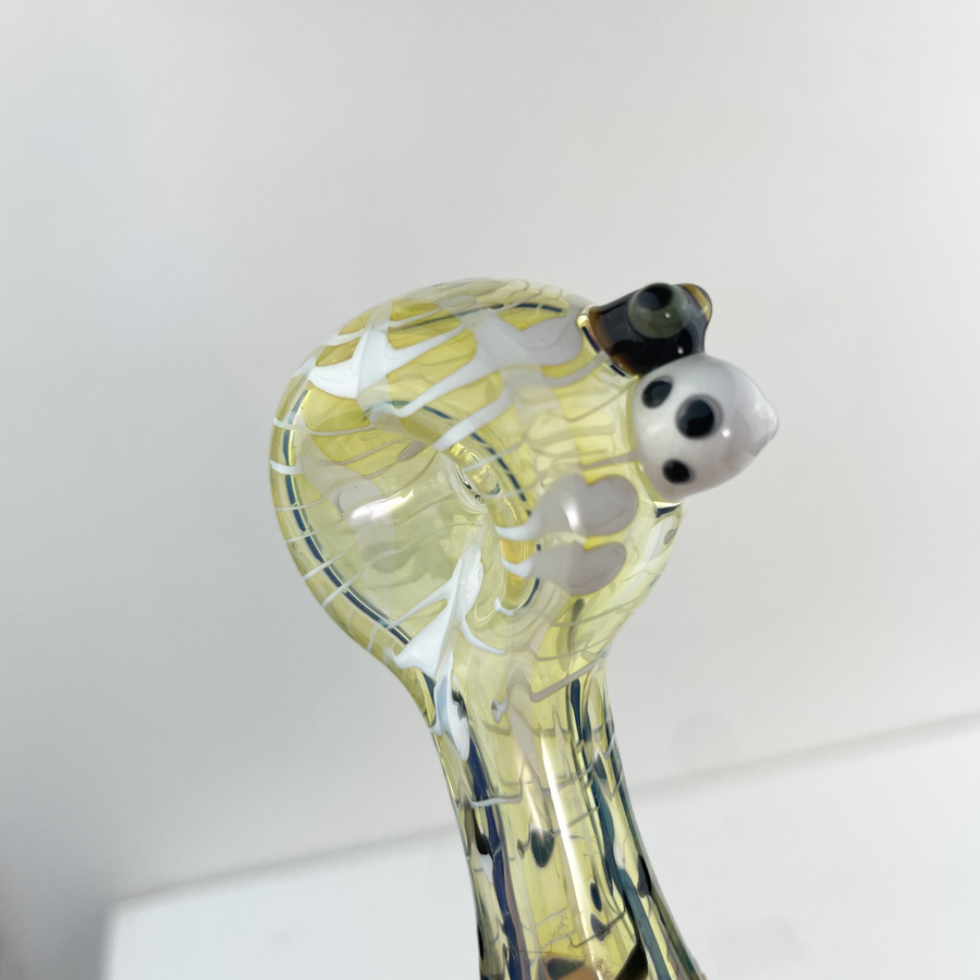 ohio valley glass 3.5 inch borosilicate glass spoon pipe with black and white swirls on fumed glass and black and white lady bug detail bliss shop chicago