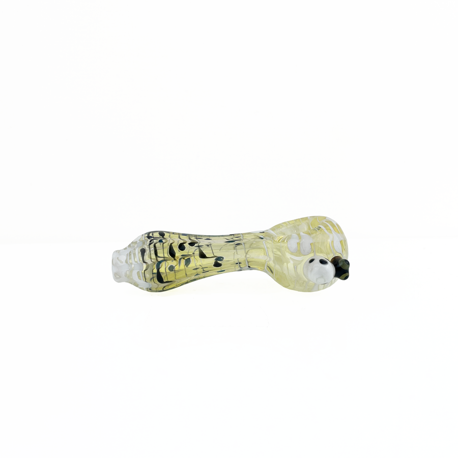 ohio valley glass 3.5 inch borosilicate glass spoon pipe with black and white swirls on fumed glass and black and white lady bug detail bliss shop chicago