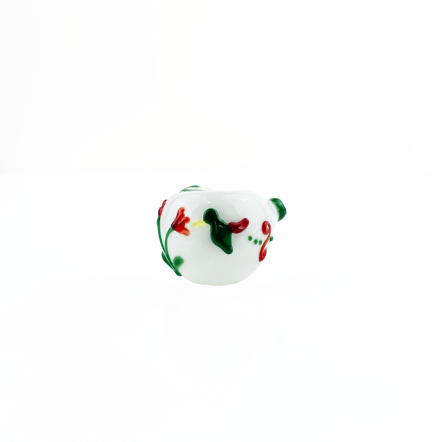 Kristi conant white glass spoon pipe with red floral and green hummingbird detail bliss shop chicago