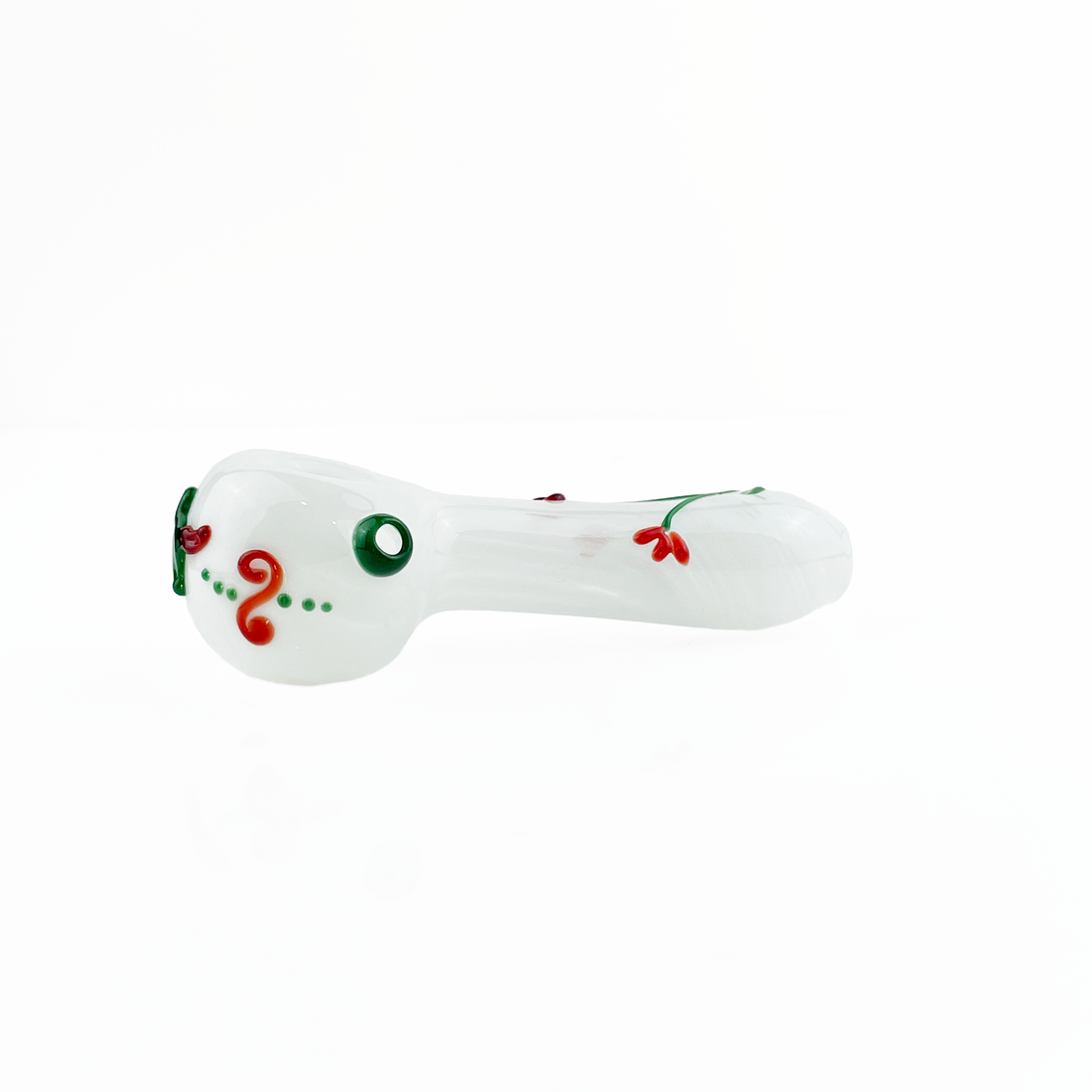 Kristi conant white glass spoon pipe with red floral and green hummingbird detail bliss shop chicago