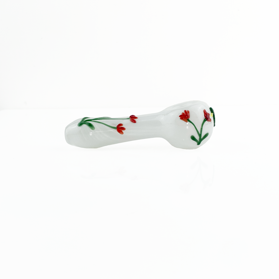 Kristi conant white glass spoon pipe with red floral and green hummingbird detail bliss shop chicago