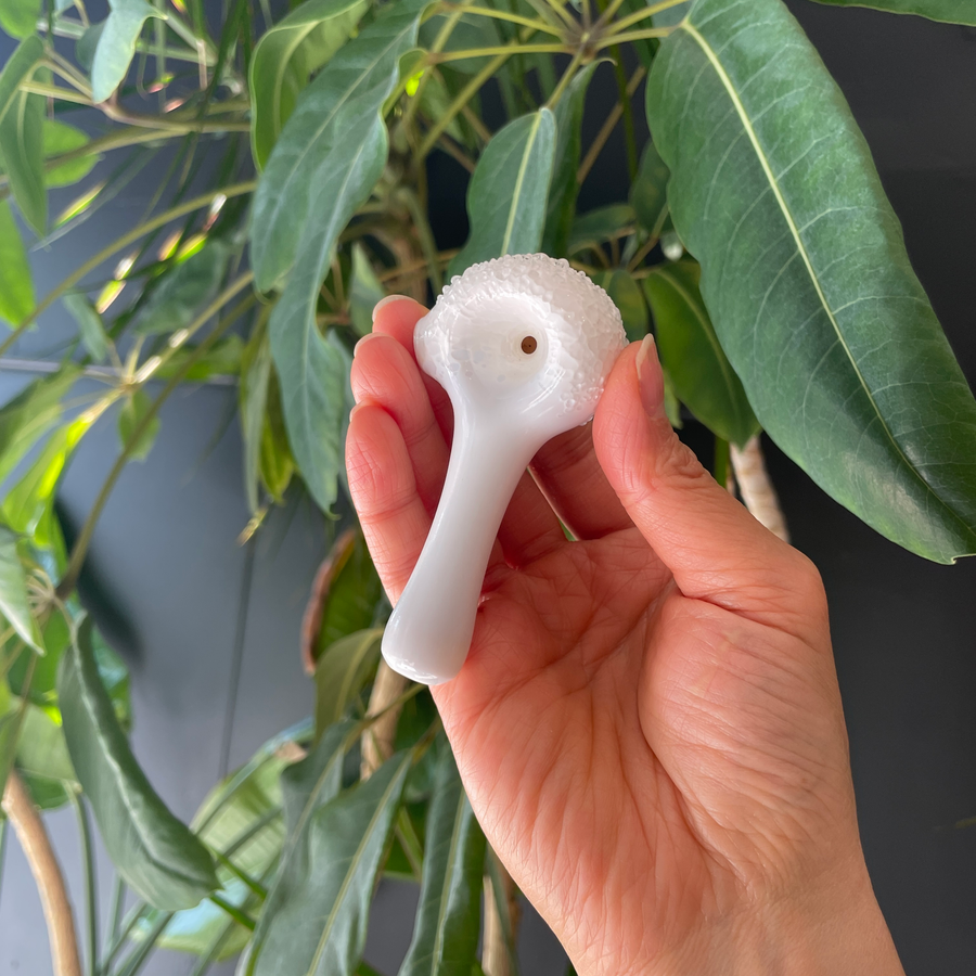 sugarmattys 3.5 inch opaque white spoon pipe with textured "sugar" design bliss shop chicago