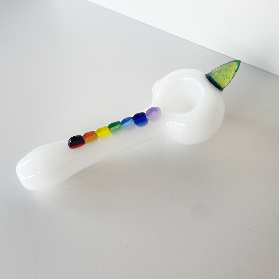 5 inch white spoon pipe by Monster Glass with green unicorn horn and rainbow glass bead design bliss shop chicago